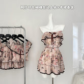 BXOXO - summer inspo Fashionable Sweet Two Piece Set Women Slash Neck Short Sleeve Tops High Waist A-Line Skirt Patchwork Ruffles Sets 2025 New